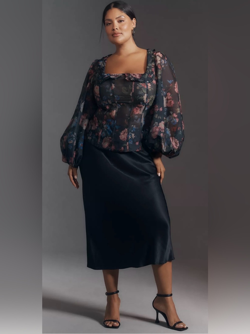 By Anthropologie Sheer Balloon Sleeve Floral Blouse Square Neck Black Sz XL
